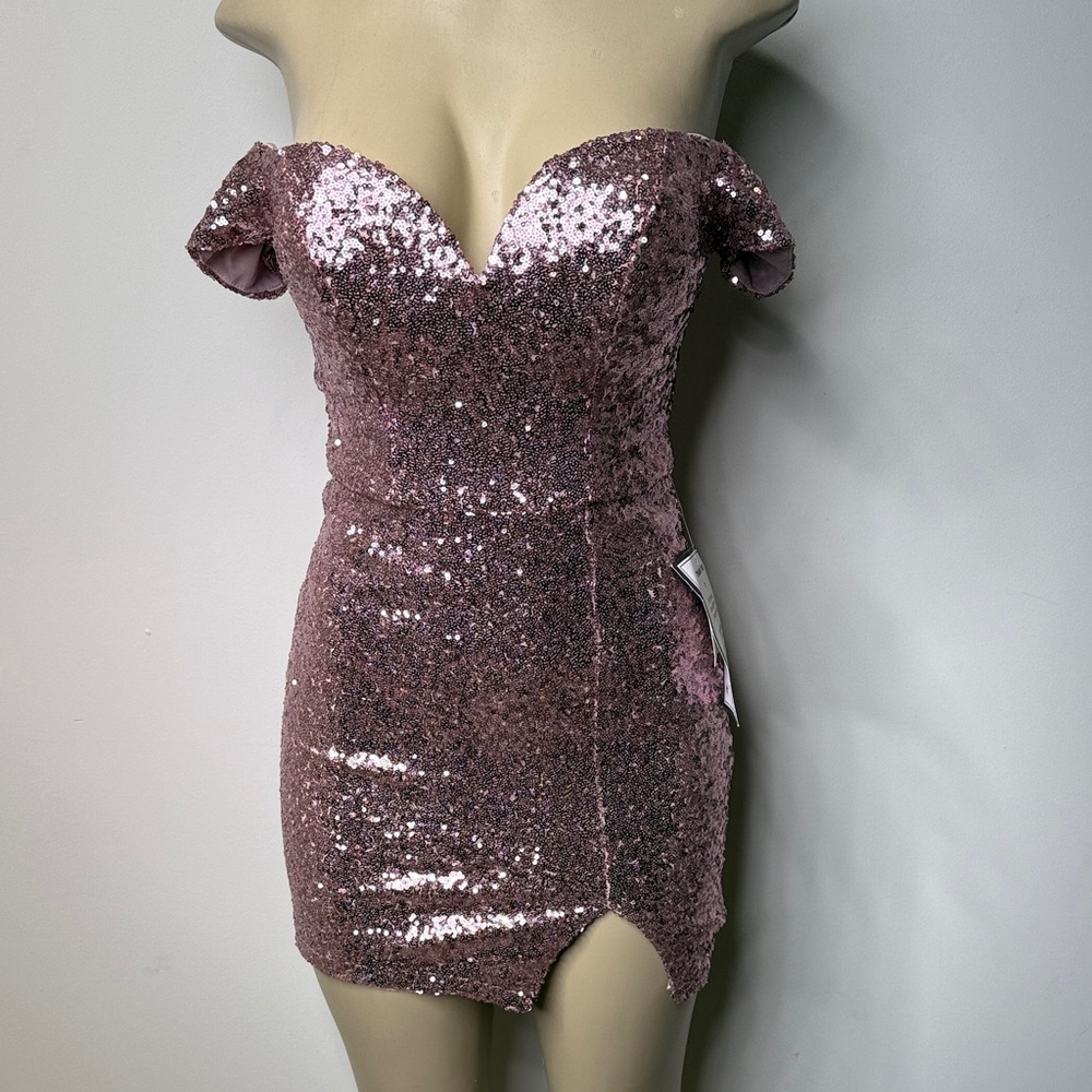 B Darlin Rose Pink Sequin Off-Shoulder Mini Dress